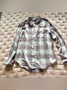 Plaid Button-Down Shirt in Light Grey & Pink - Women's Casual Top